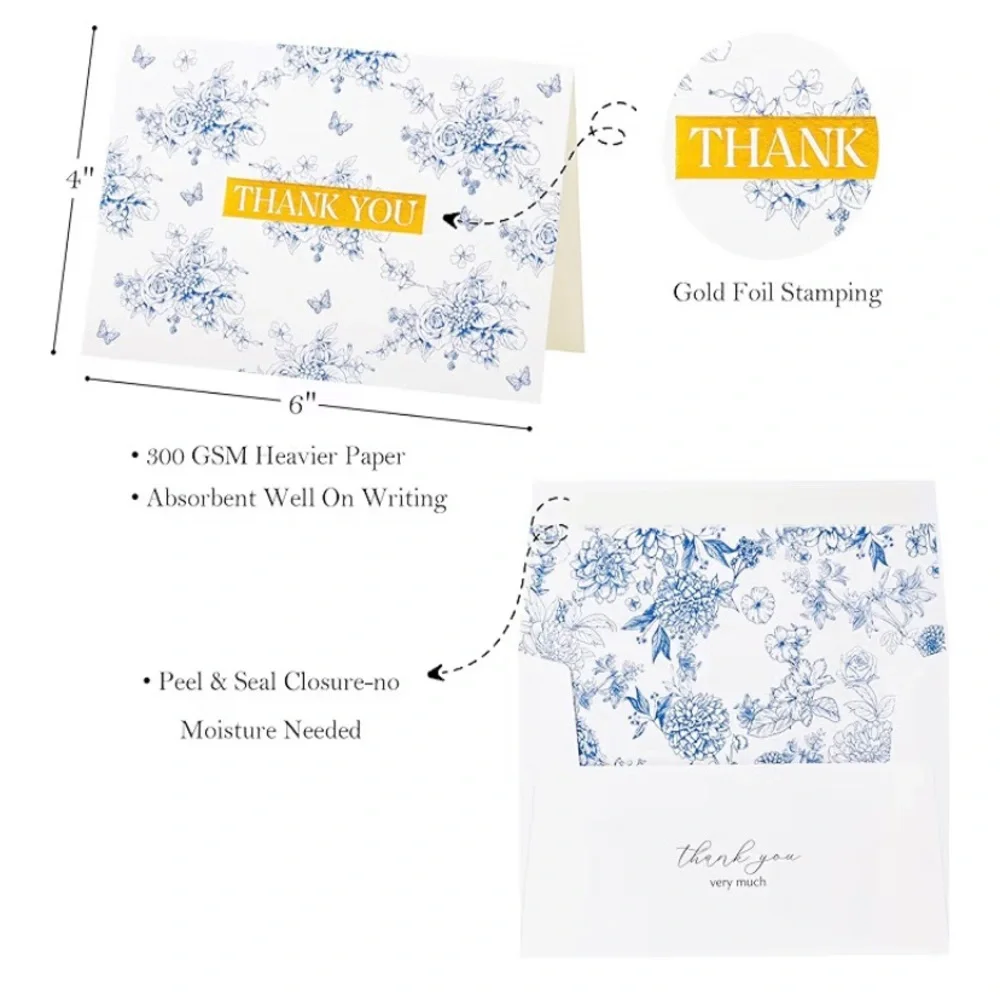 25 Count 4”x6” Blue and White Floral Designed Thank You Cards with Envelopes